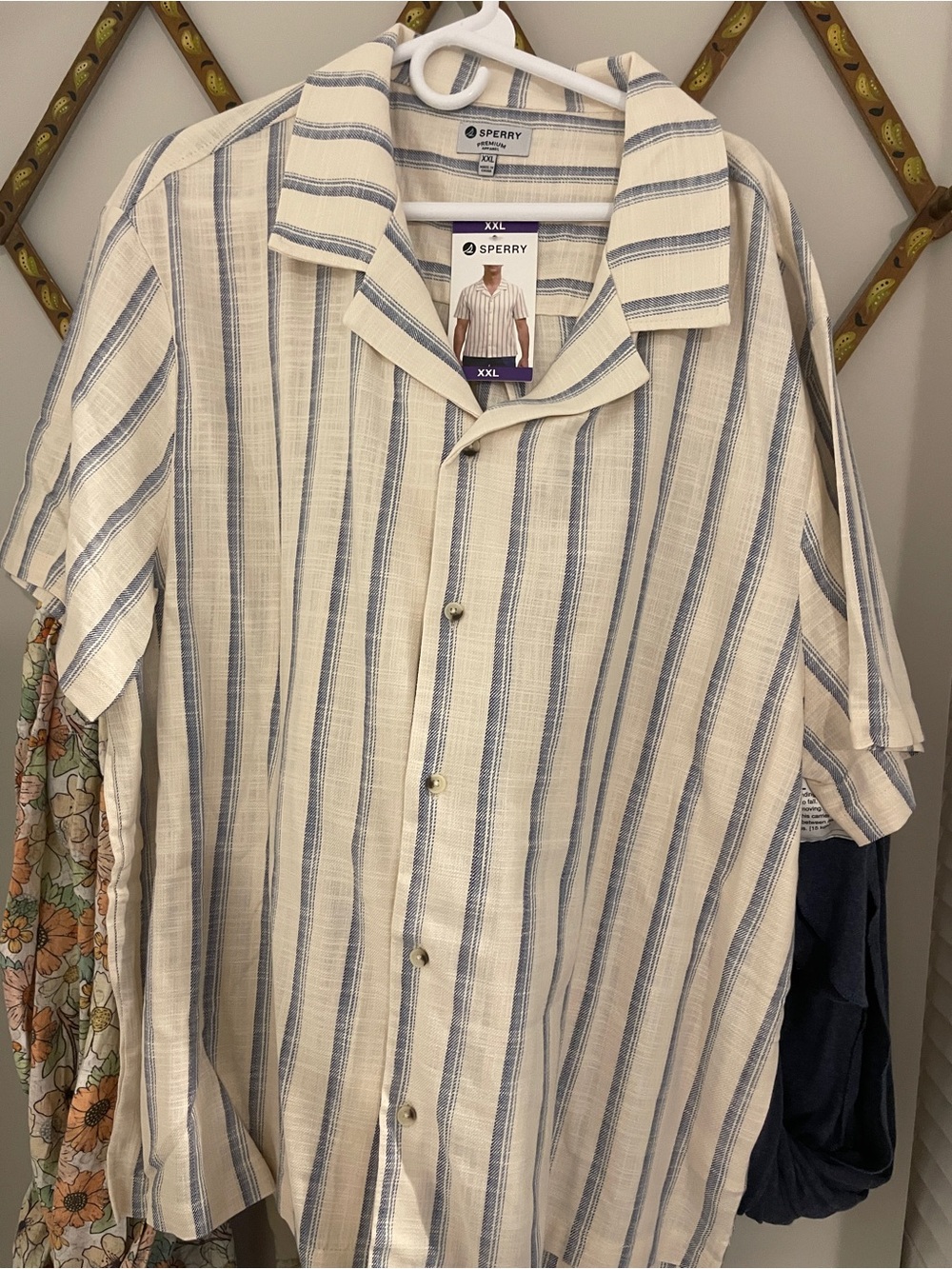 Sperry Cream and Blue Vertical-Stripe Short Sleeve Shirt